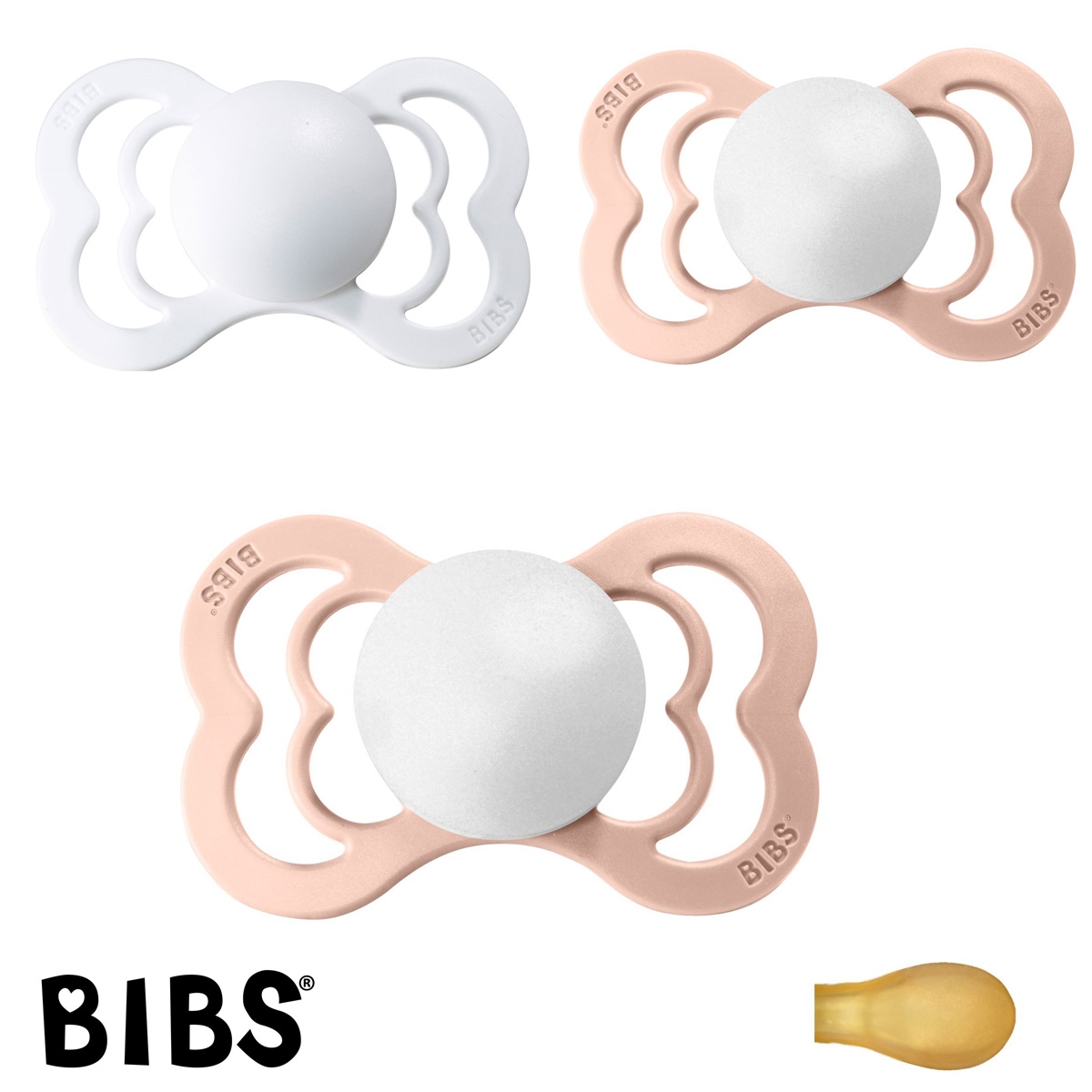 BIBS Supreme Sutter med navn, 2 Blush, 1 White, Symmetrisk Latex str.2 Pakke med 3 sutter
